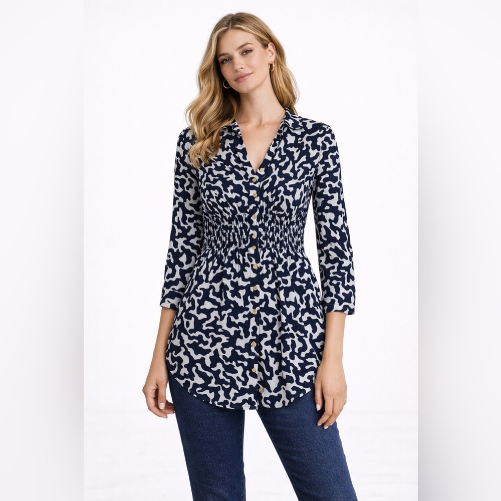 Anthropologie Maeve Alexa Smocked Button Down Tunic Top XS Blue White Print